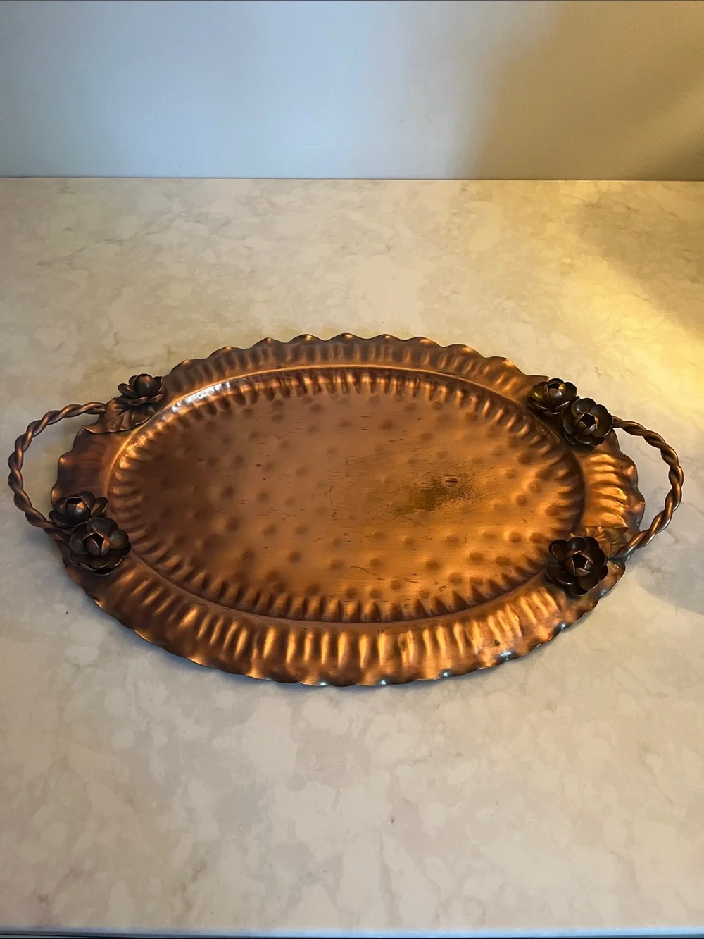 Vintage Gregorian Copper Tray platter with copper roses twisted handles #907